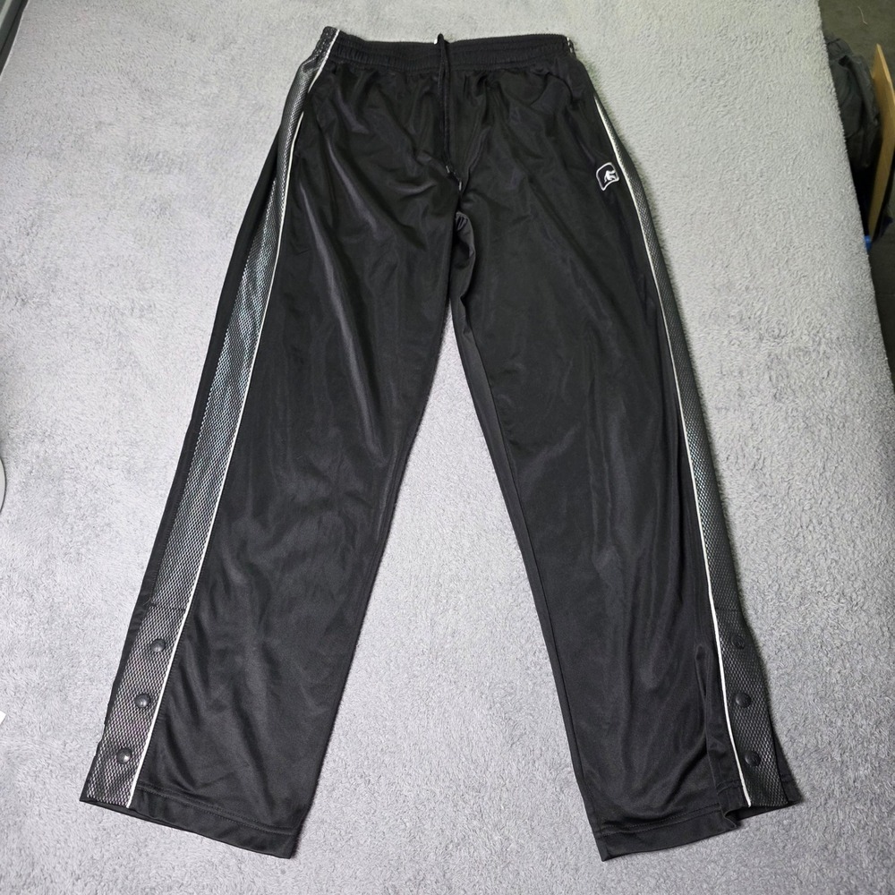 AND1 Mens Medium Basketball Track Pants Black Silver Snap Button Mesh Stripe